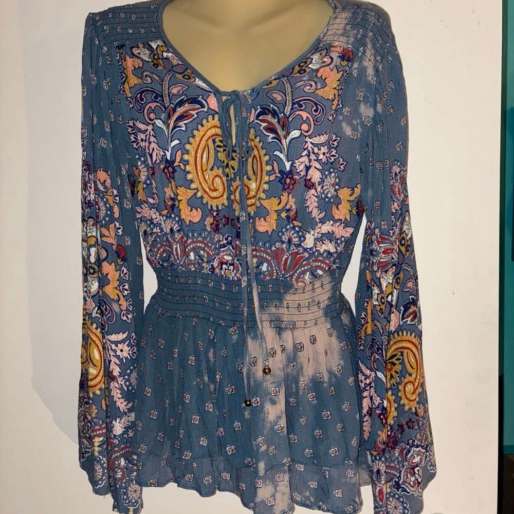Angie Challis Bell Sleeve Small Boho Blouse Blue Floral Top NEW